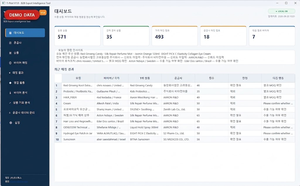 좌측 상단에 DEMO DATA 배지가 표시된 T-Pilot 대시보드